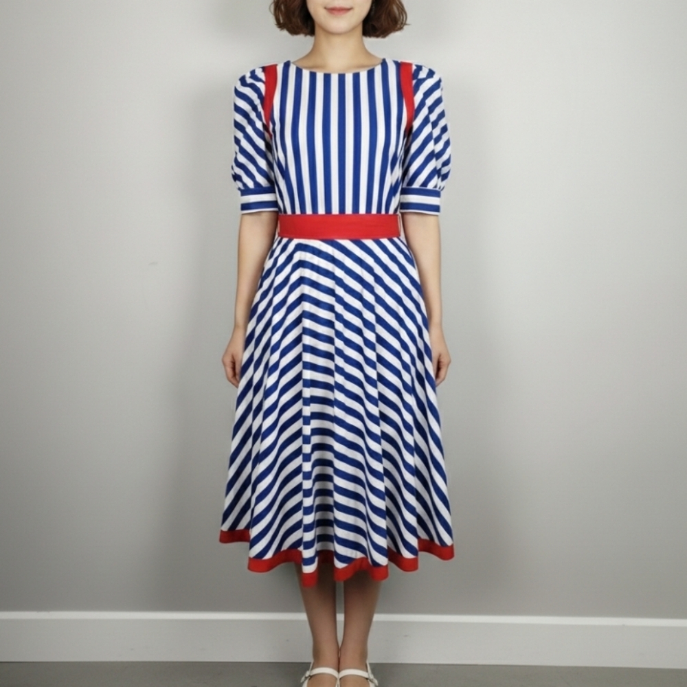 VTG 80s Cotton Midi Dress Stripped Sailor Fits Medium Size 9 Coastal Hamptons